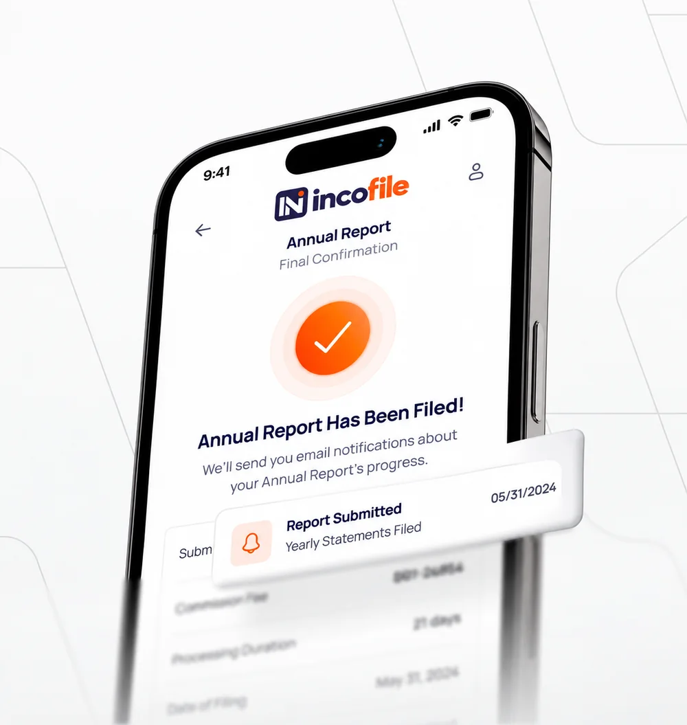 Incofile portal showing an annual report confirmed as filed