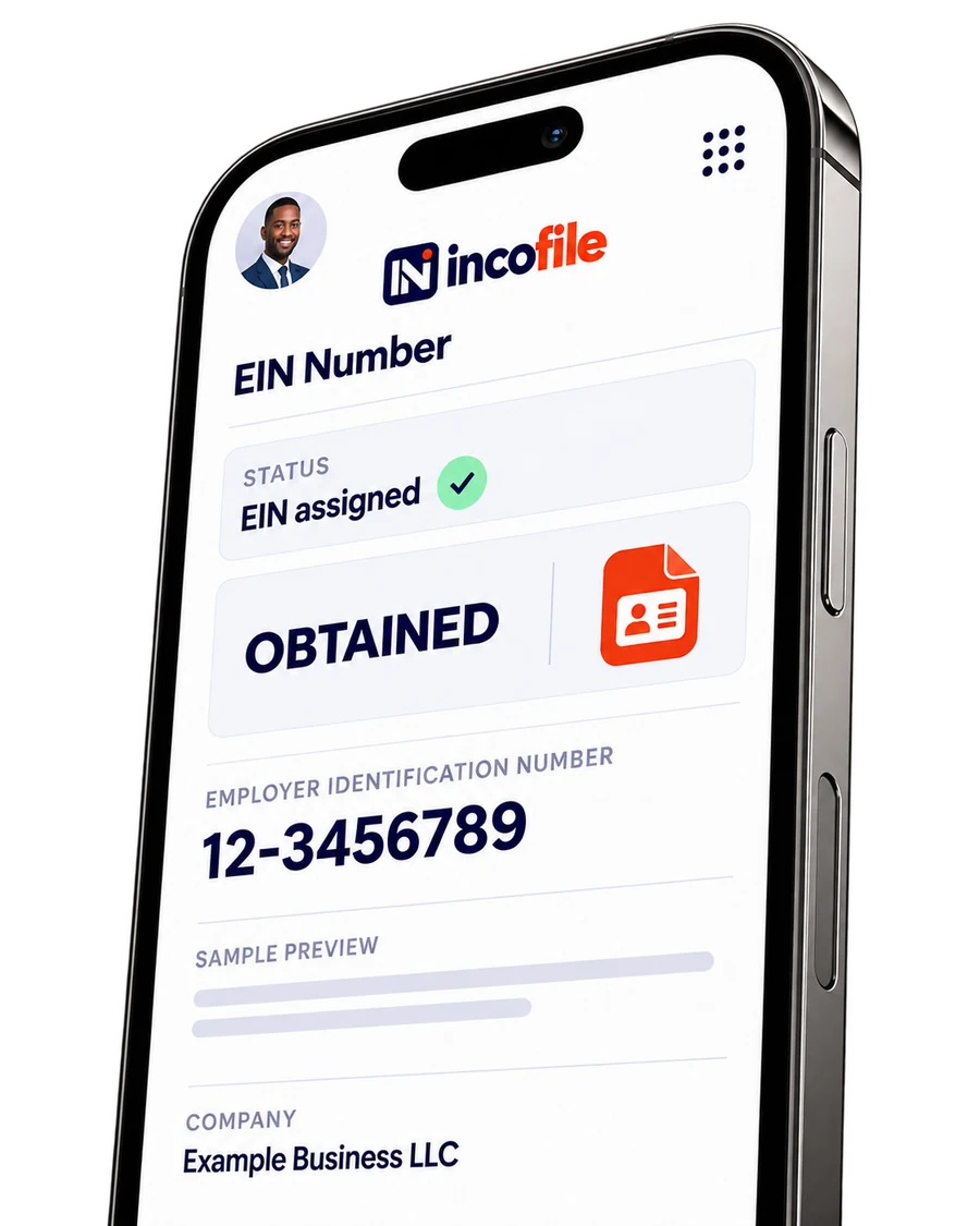 Incofile client portal on a phone showing an EIN assigned and obtained