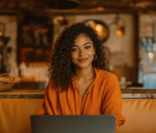 Small business owner working on her laptop in the cafe she owns