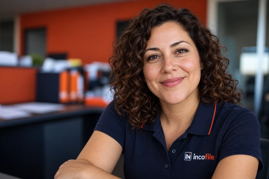 Incofile support specialist smiling in the Incofile office
