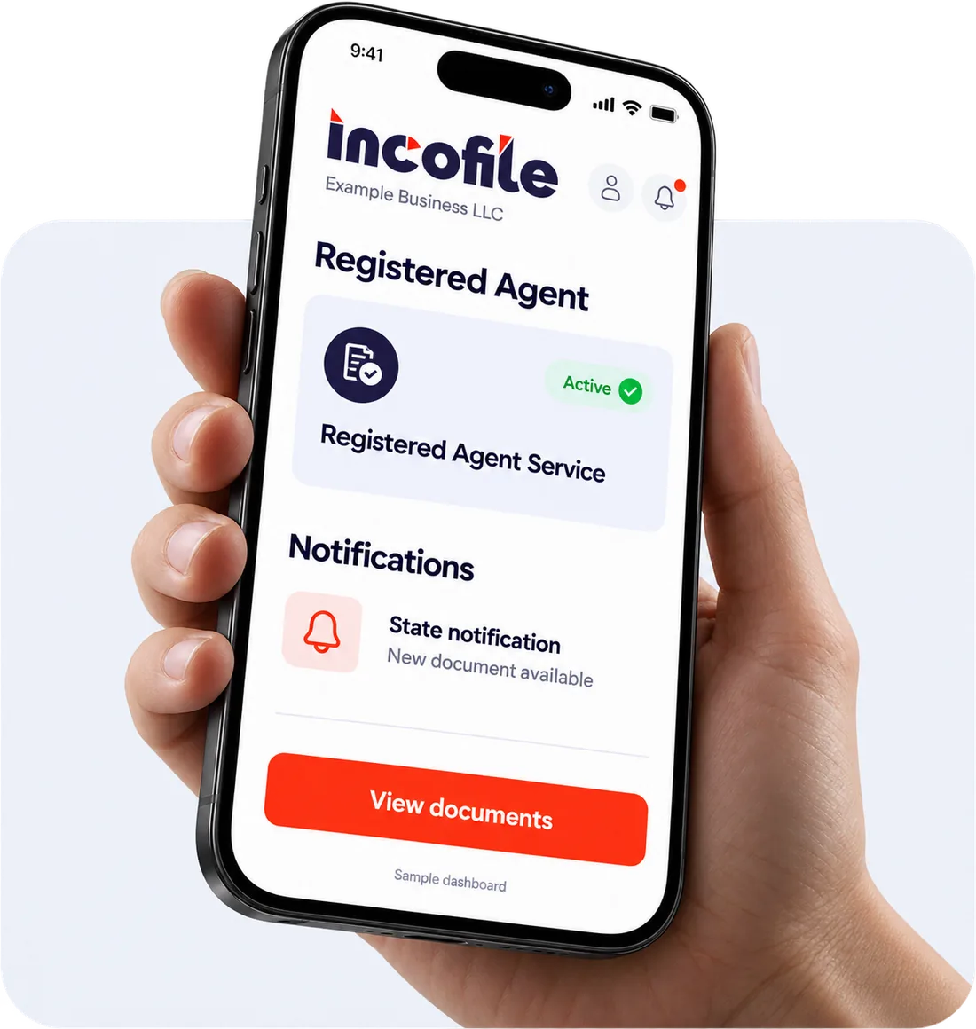 Hand holding a phone showing an active Incofile registered agent service and a new state notification