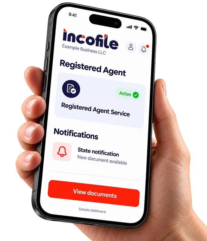Phone showing the Incofile registered agent dashboard