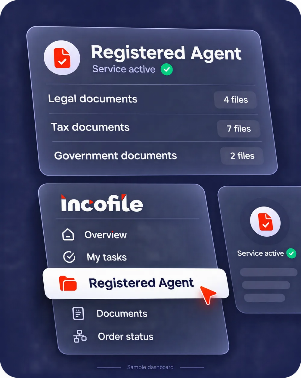 Incofile client portal showing registered agent service active with legal, tax and government documents